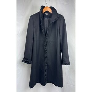 DKNY Womens Black Ruffle Trim Wool Blend Mid-Length Coat Size 8